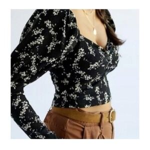 Anthropologie Festival Sweetheart Top Women L Black Dark Floral Bishop Sleeve